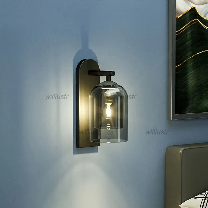 

Modern Two-Layer Glass Wall Lamp Industrial Iron Sconce Hallway Aisle Bedside Balcony Cafe Cognac Smoke Double Glazing Light