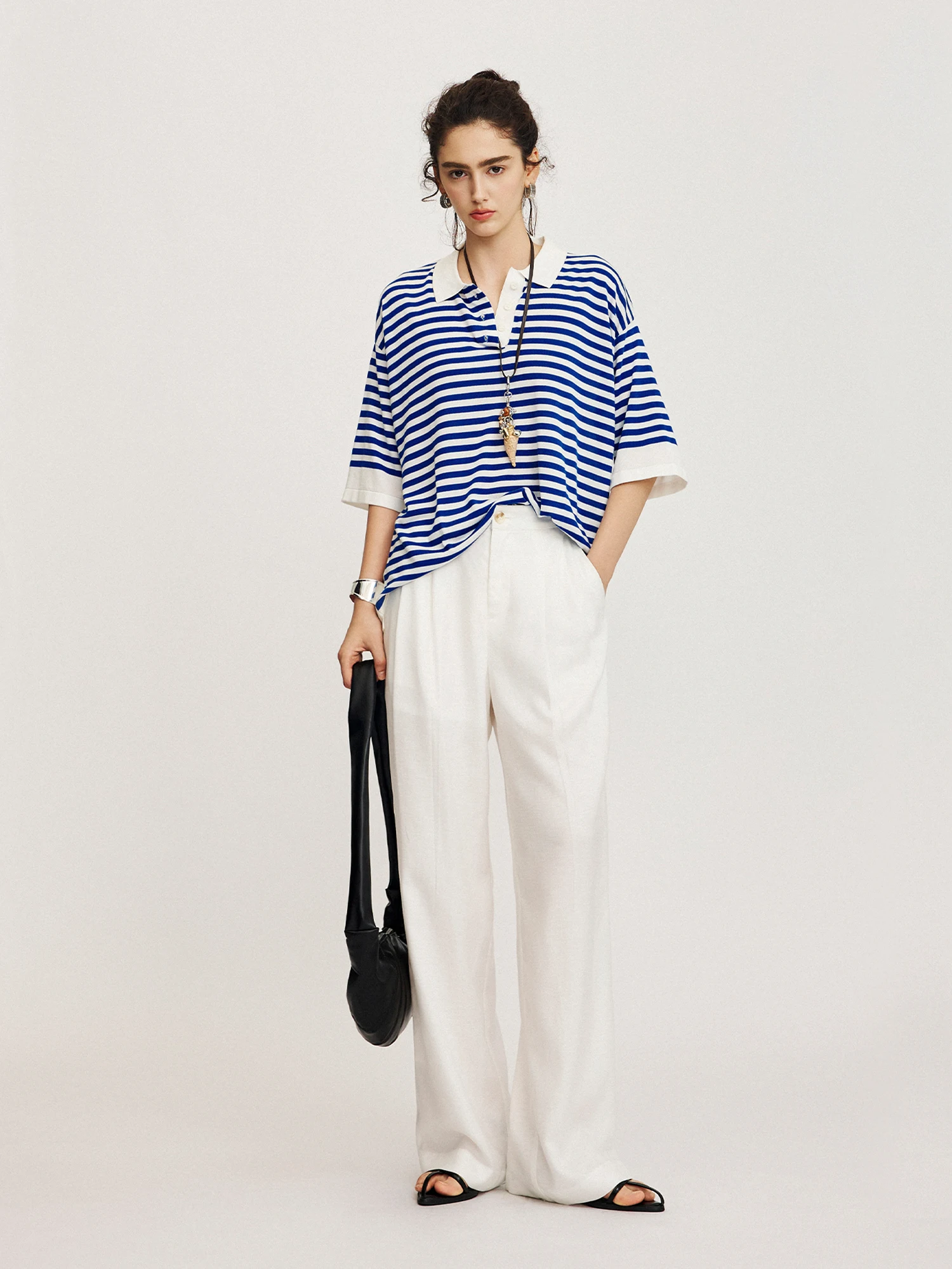 

Женский трикотаж CLMX Commuter: простой, в полоску, цветной, свободного кроя, с воротником, из смеси шелка и лиоцелла, тонкий, стандартный крой.