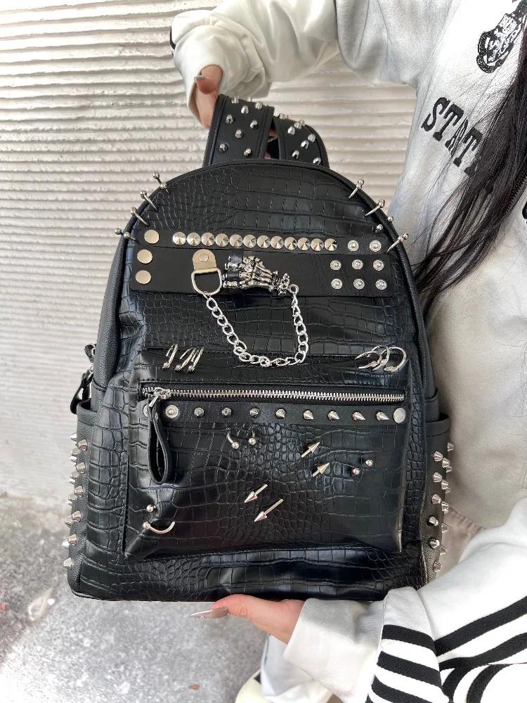 

Rivets Large Capacity Schoolbag Skeleton Hand Chain Backpack for Men and Women Original Design Punk High Street Backpacks