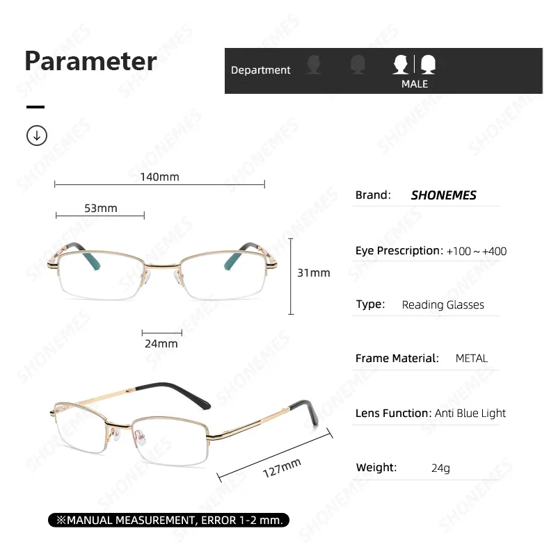 SHONEMES 블루라이트 방지 접이식 독서 안경, 하프 프레임, 간편한 휴대, 노안 안경, 디옵터 + 1 1.5, 2 2.5, 3, 4