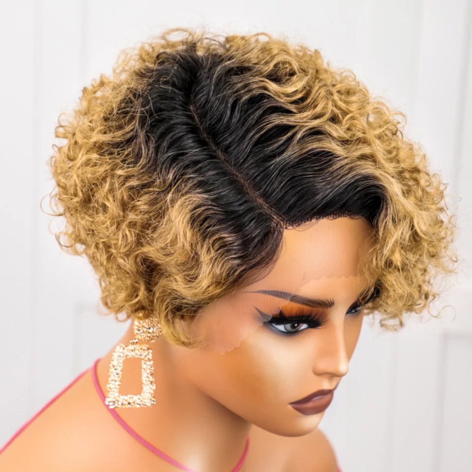 Peruka Pixie Cut Krótki Bob Kręcone Włosy Naturalne Peruki z Włosów Ludzkich 13x1 Lace Front Transparentna Peruka z Koronką Deep Wave Preplucked Ombre Blond 1B/27