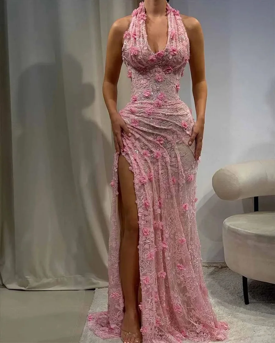 Elegant Pink Halter Mermaid Evening Dress Flower Lace Beaded Formal Prom Gown Luxury Lace High Split Wedding Dress Customized image 2