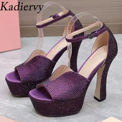 Super High Heels Rhinestone Sandals Woman Satin Ankle Strap Chunky Heels Runway Shoes Woman Summer Platform Sandals Woman