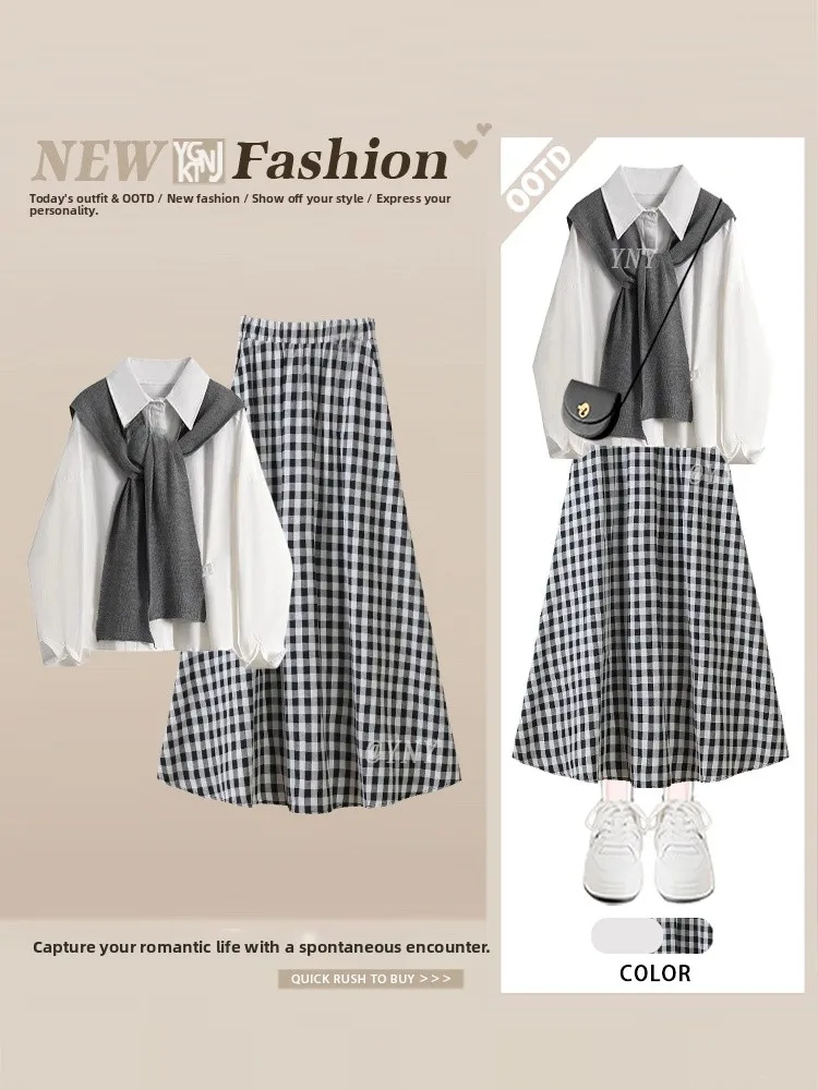 

Художественный винтажный клетчатый комплект: повседневная юбка А-силуэта средней длины и блузка, черно-белый осенний модный женский ансамбль для повседневной носки