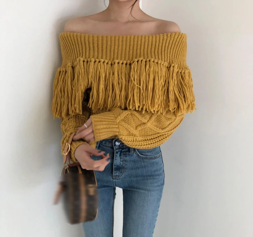 Korean Off Shoulder Tassel Sweater Vintage Yellow Women Loose Long Sleeve Twist Knitted Pullovers 2022 Sexy Crop Sweaters Jumper