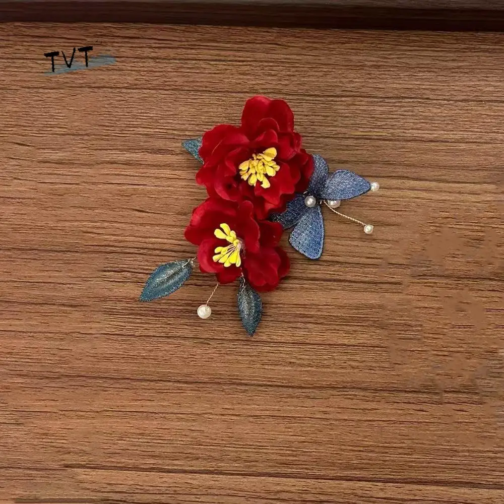 

Temperament Tassel Red Flower Hair Clip Pearl New Chinese Style Wooden Hair Stick Retro Antique Hanfu Hairpin Hanfu Headwear