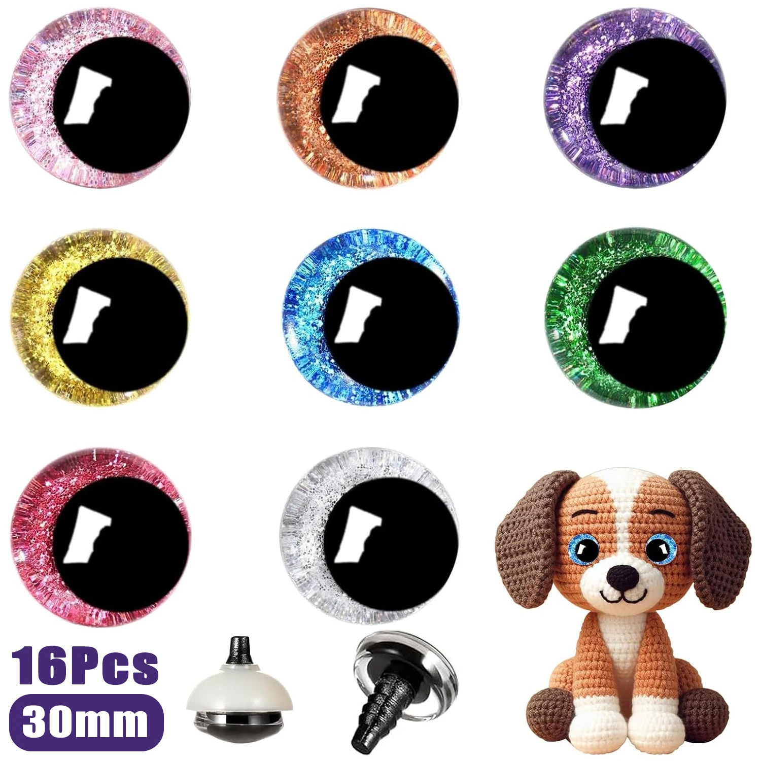 

16 Pcs 30mm 3D Glitter Plastic Safety Eyes with Washers for Amigurumi Stuffed Glitter Craft Crochet Eyes for Toy Doll Making
