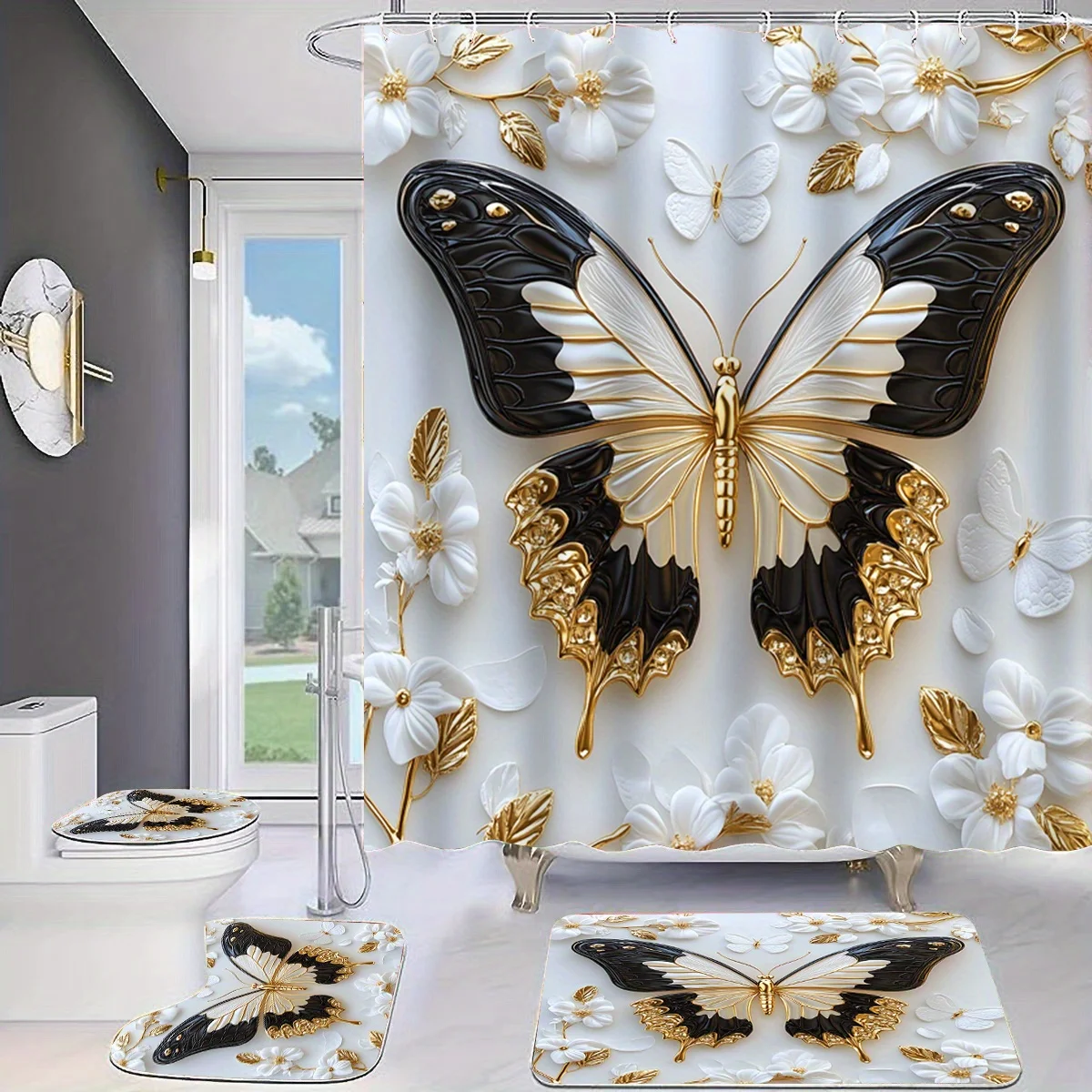 

4pcs Farmhouse Butterfly Bathroom Set,White Golden Shower Curtain ,Non-Slip Bath Mat and Toilet Cover for Home Decor