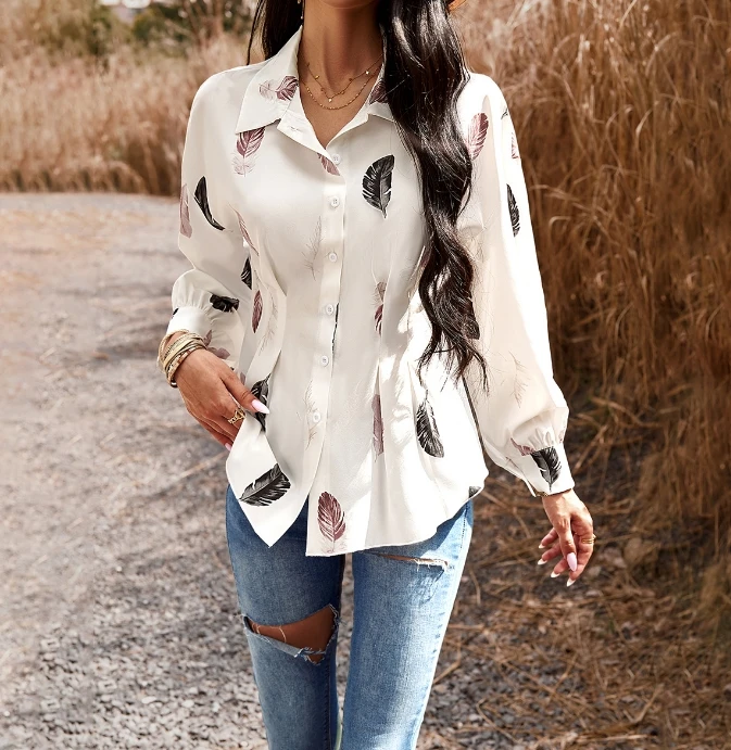 Women's Shirt Top Elegant Commuting Trend Leaf Printed Turn-down Collar Button Down Lantern Long Sleeve Ruched Slim Fit Shirt