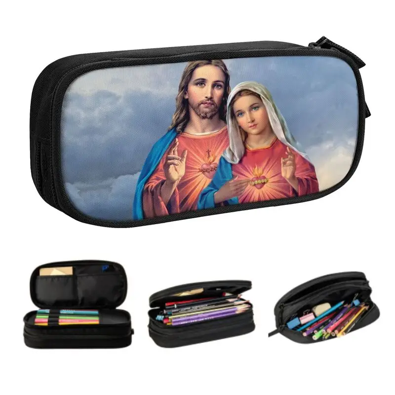 Customized Virgin Mary Sacred Immaculate Hearts Pencil Case Boy Large Capacity Catholic Jesus Mary Pencil Bag Student School