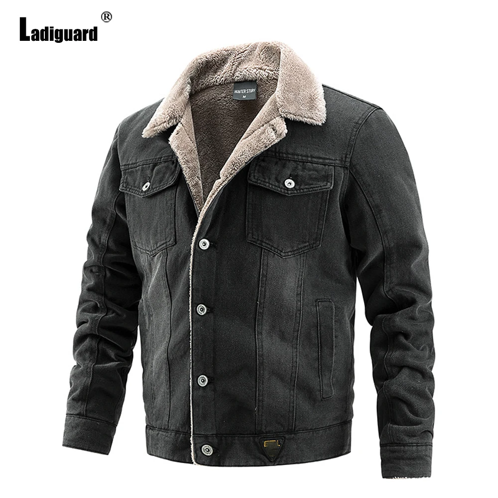 

Ladiguard 2023 Single-Breasted Top Outerwear Mens Vintage Demin Jackets Winter Warm Coats European Style Fashion Jean Overcoats