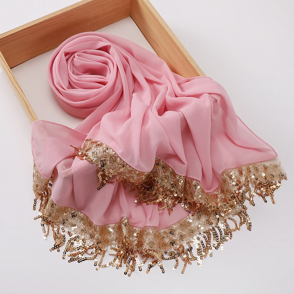 Neuer Pailletten-Quasten-Hijab Luxuriöse Chiffon-Schals Muslimischer Hijab Schlichte Lange Schals Damen Kopftuch Stirnband – Detail 6