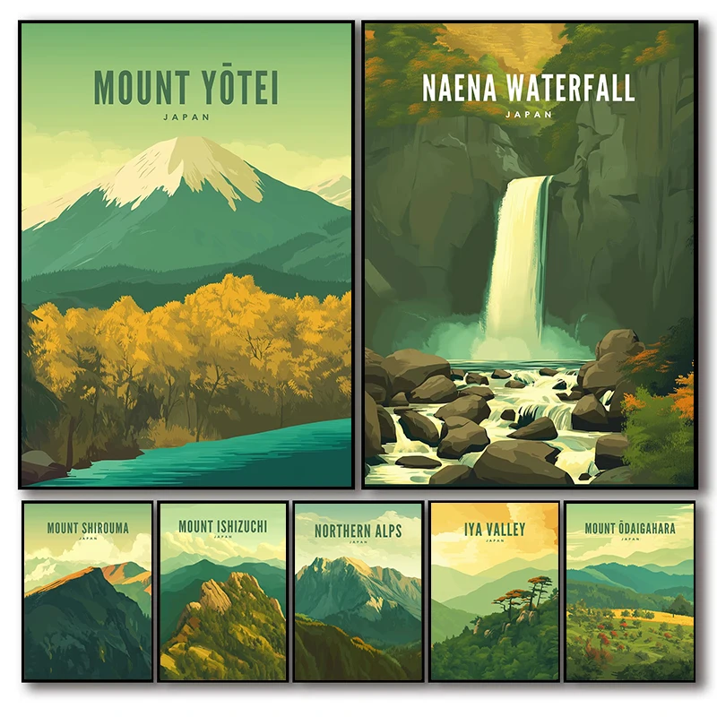 

Японские постеры с изображением знаменитых пейзажей: водопад Наена, гора Йотей. Современные принты на холсте, картины для стен, декор для дома и гостиной.