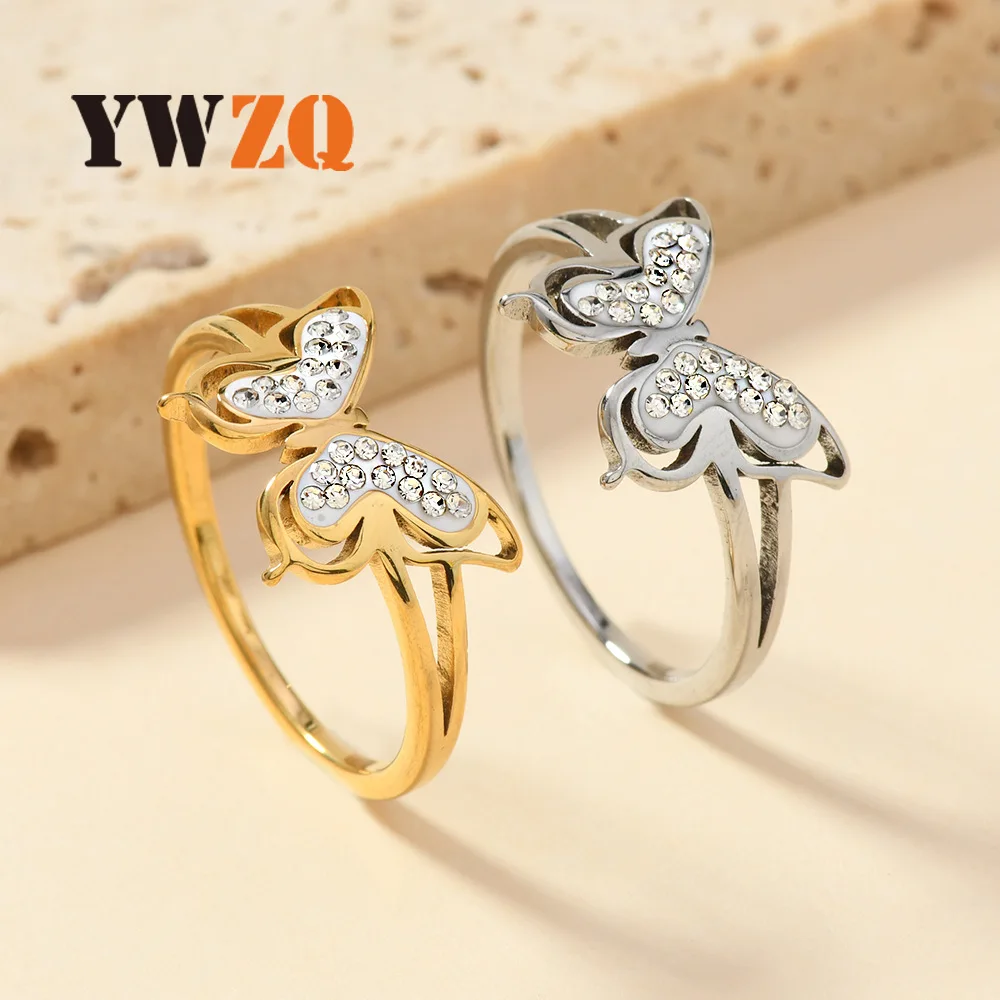 Europe And The United States New Stainless Steel Ring Female Light Luxury High Sense Large Butterfly Clay Diamond Ring Couple Ri