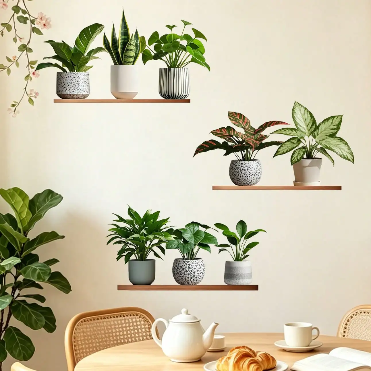 Fresh Instagram style potted plant wall stickers for bedroom/study decoration, waterproof self-adhesive background wall stickers