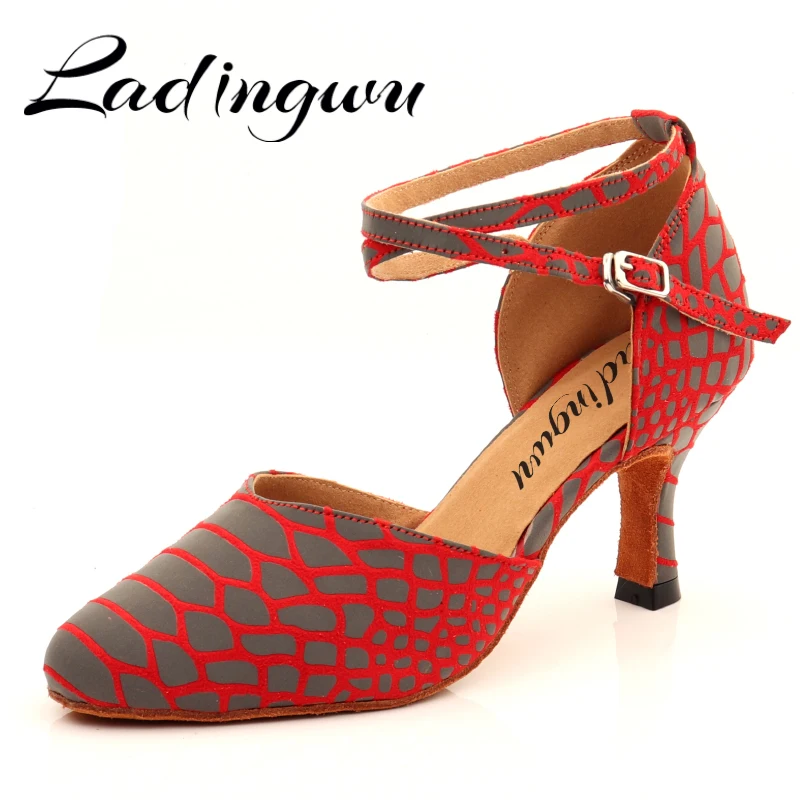 

Ladingwu Python Texture Suede Ballroom Dance Shoes Women's Baotou Dance Shoes Girl Latin Snake Dance Shoes Red Black Grey Option