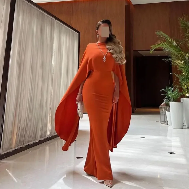 

Elegant Long Sleeve Orange Evening Dresses with Slit Straight O Neck Floor Length Prom Dresses for Women