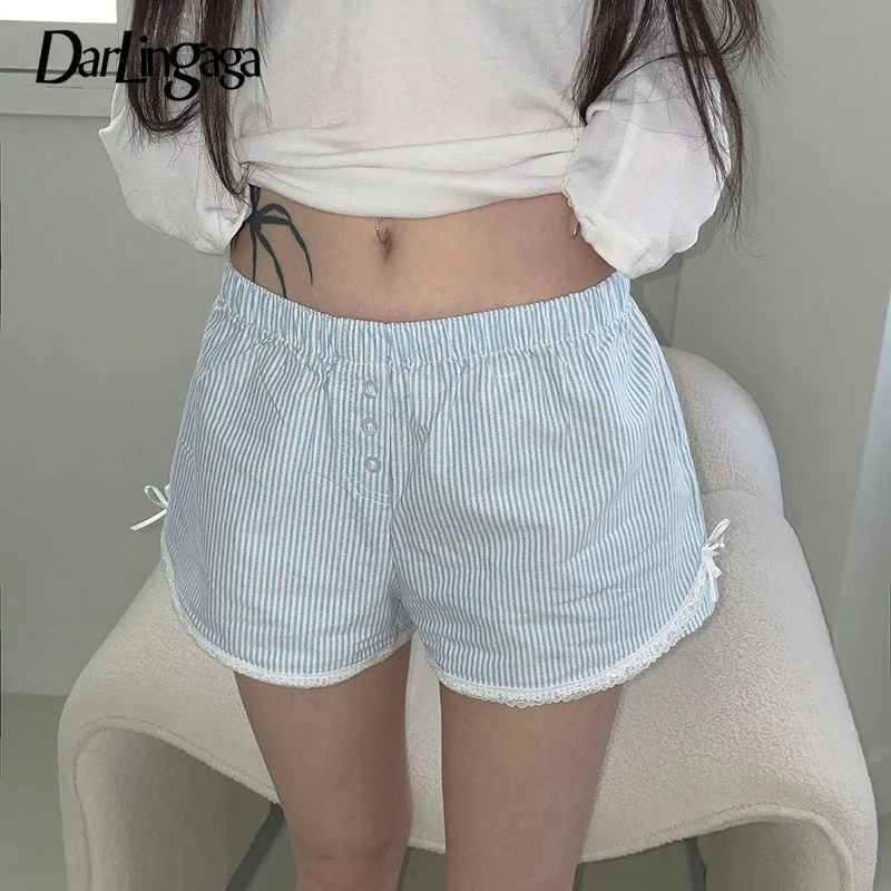 Darlingaga-Shorts femininos casuais com listras, shorts com renda, botões de arco, hotpants coreanos gostosos, capris curto básico, doce, verão, novo