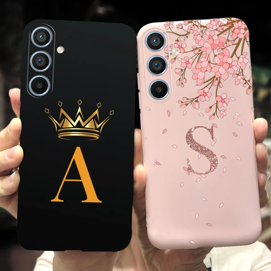 For Samsung Galaxy A54 5G Fashion Crown Initial Letter Phone Case For Samsung A54 SM-A546B Pink Color Flower Soft Silicone Cases