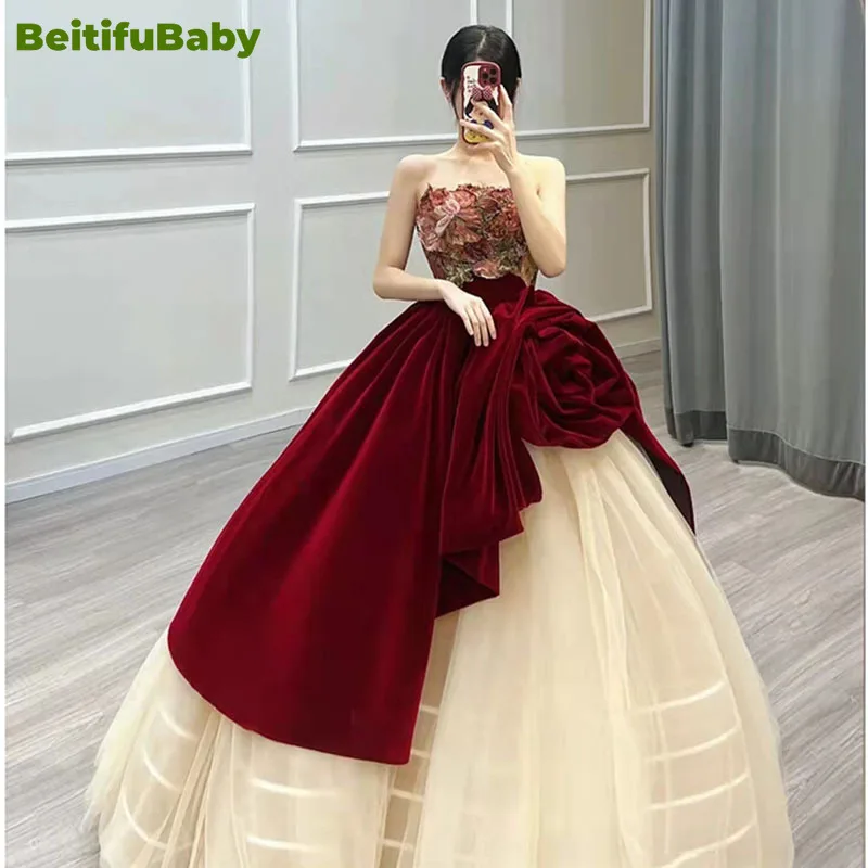 

BeitifuBaby 2024 Palace Style Evening Dress for Women Wedding Party Strapless Off The Shoulder Ball Gown Banquet Formal Dresses