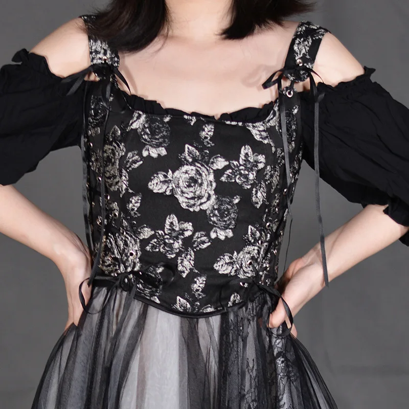 

Винтажный женский элегантный черный корсет на шнуровке, милый бюстье, сексуальные топы на бретелях для похудения, готические лифы с принтом роз