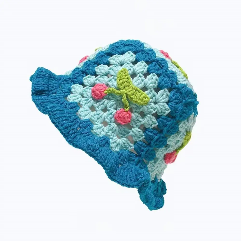 

Fashion Crochet Bucket Hat Handmade Cute Cherry Basin Cap Weaving Beanies Hat for Women