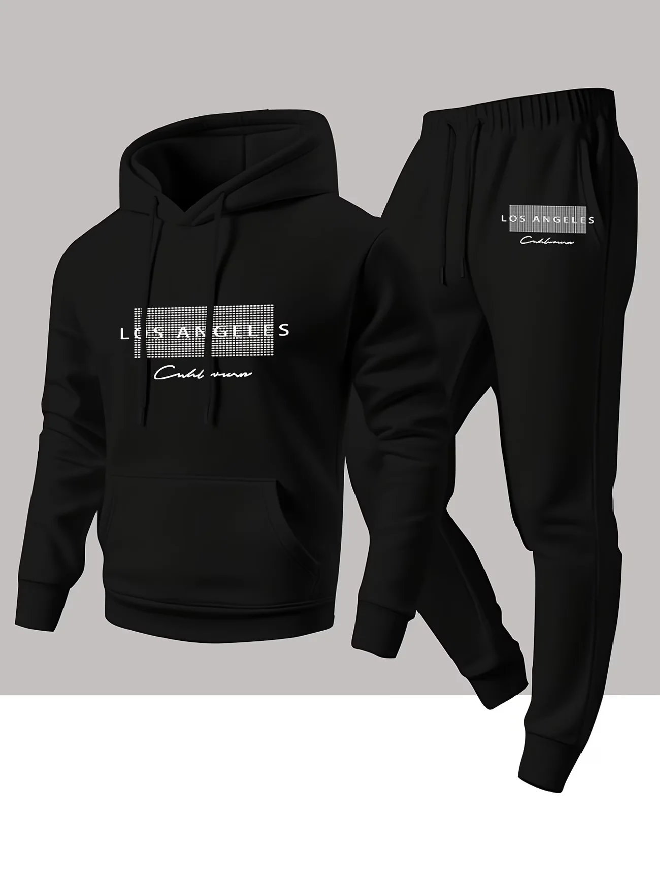 2026 Men LOS ANGELES Letter Print Hoodie & Cuffed Jogger Pants Set, Fashion 2‑Piece Tracksuit Casual Sport Streetwear Outfit