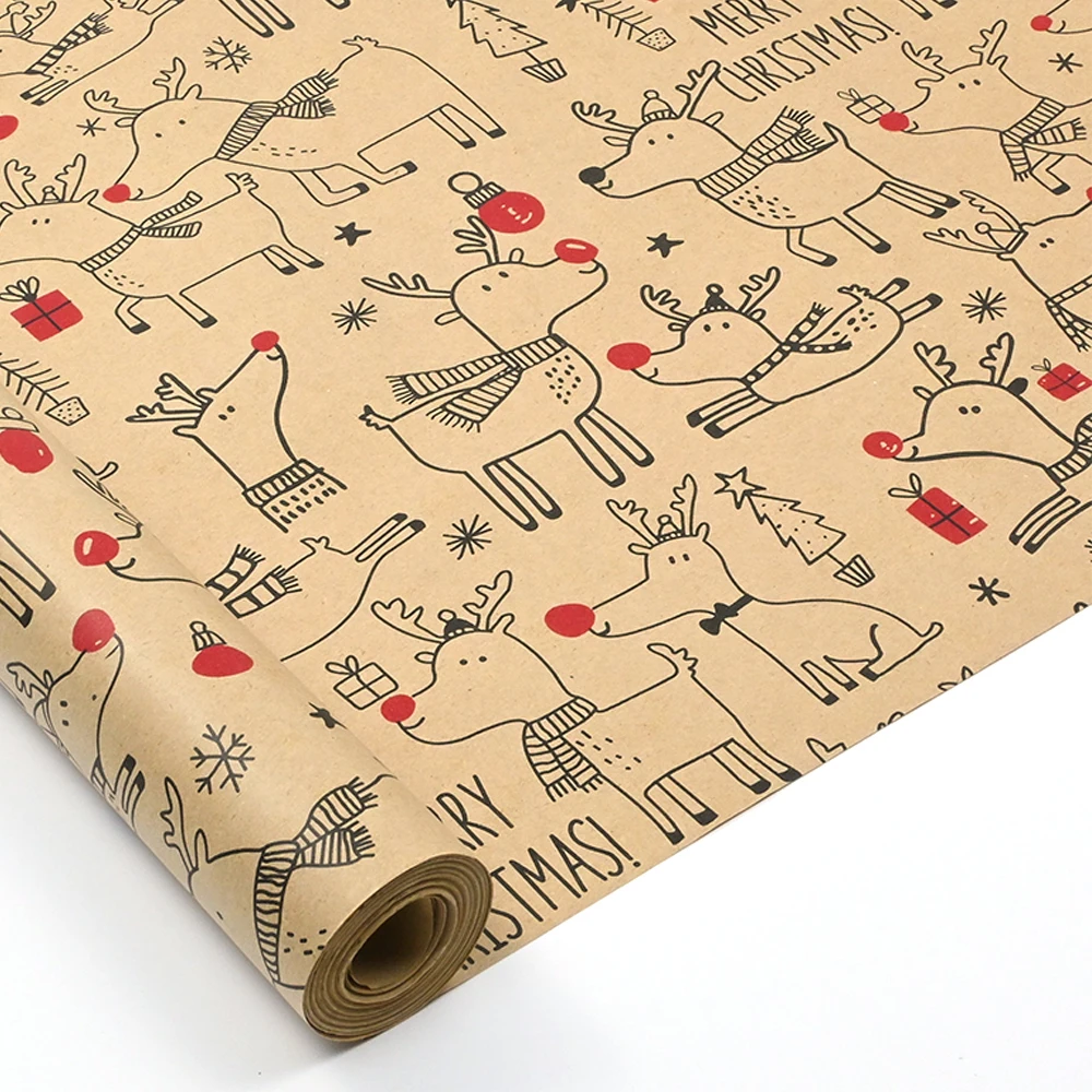 43 cm x 15 m Weihnachts-Geschenkpapier, Geschenkpapier mit Weihnachtsdekoration, Weihnachtsfeier-Kraftpapier im Cartoon-Hirsch-Design