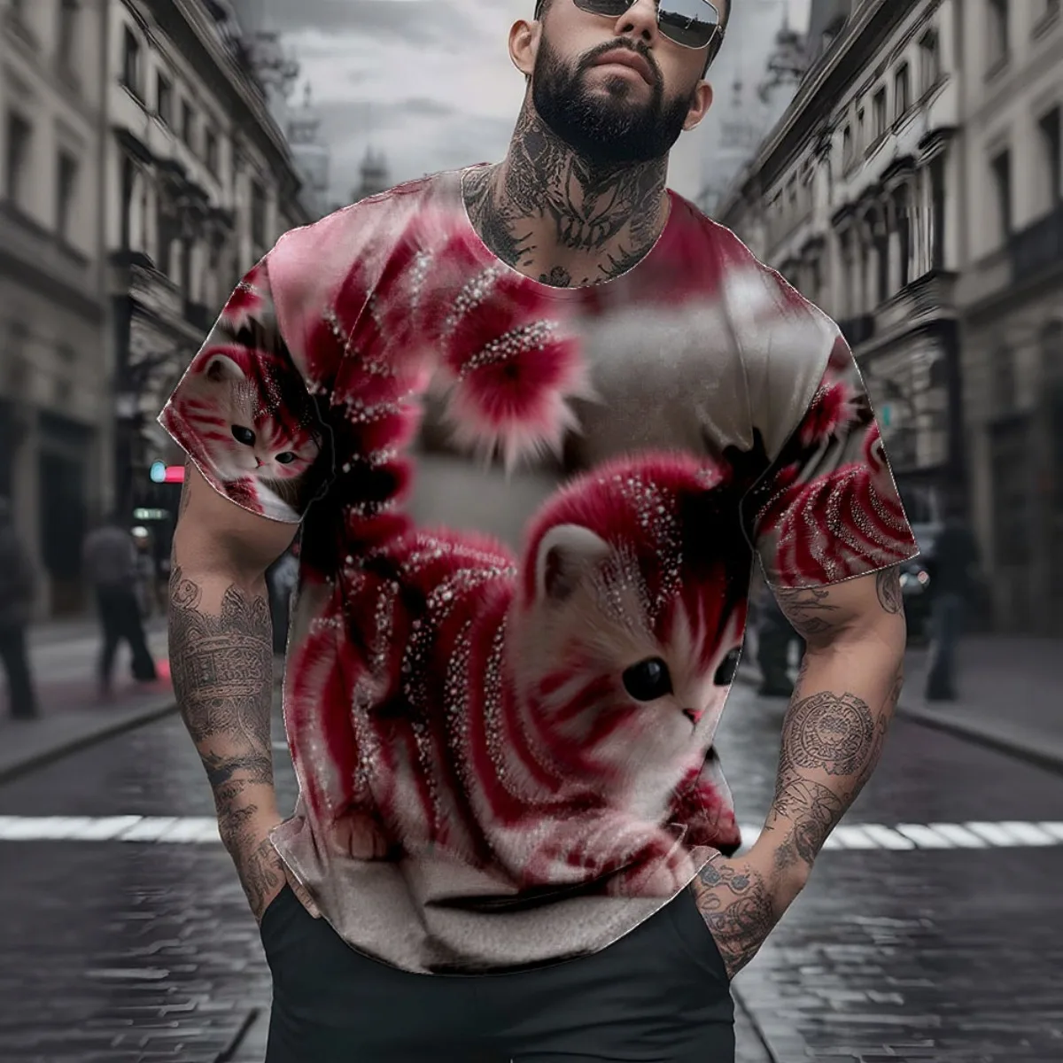 

a small kitten with pink and glitters on it's tail sitting on a couch 2025 New Arrival Fashion Men's Short eeve All Over 3