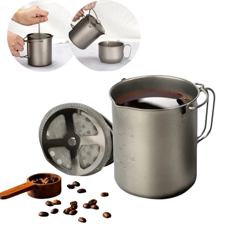 

750ml Pure Titanium Coffee Cup Mug French Press Coffee Pot with Stainless Steel Strainer Portable Camping Travel Coffee Pot