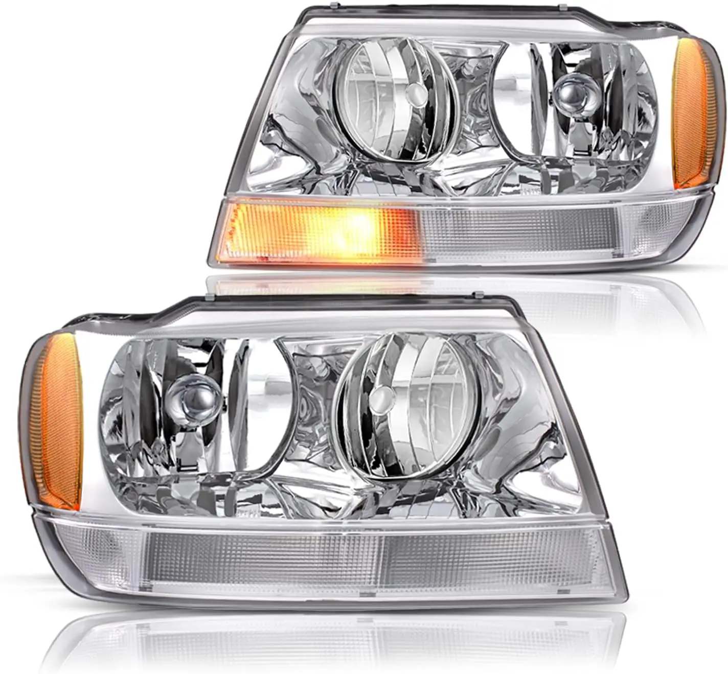 

Headlight Assembly Pair JS-HL-JGC99 Compatible with 1999-2004 Jeep Grand Cherokee Chrome Housing+Amber Reflector Driver and Pass