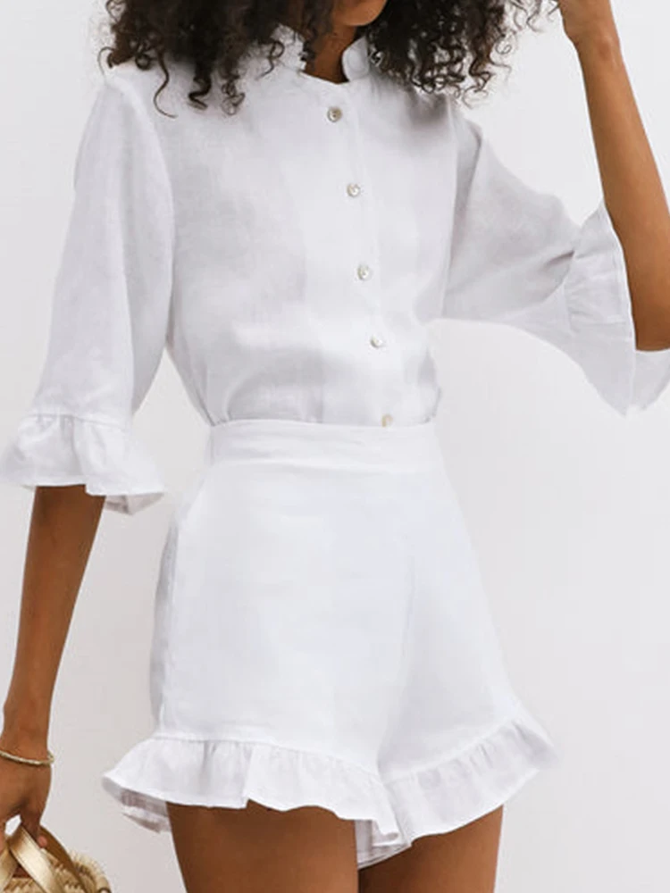 

Элегантные хлопковые костюмы на пуговицах из 2 предметов, модная рубашка с воротником-стойкой и короткие брюки, женские повседневные однотонные комплекты с расклешенными рукавами для поездок на работу