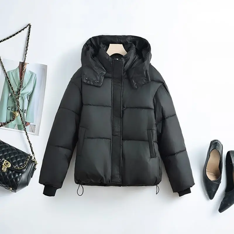 

Winter Short Jackets 2026 New Women's Down Cotton Padded Jacket Hooded Stand Collar Solid Warm Female Black Outwear
