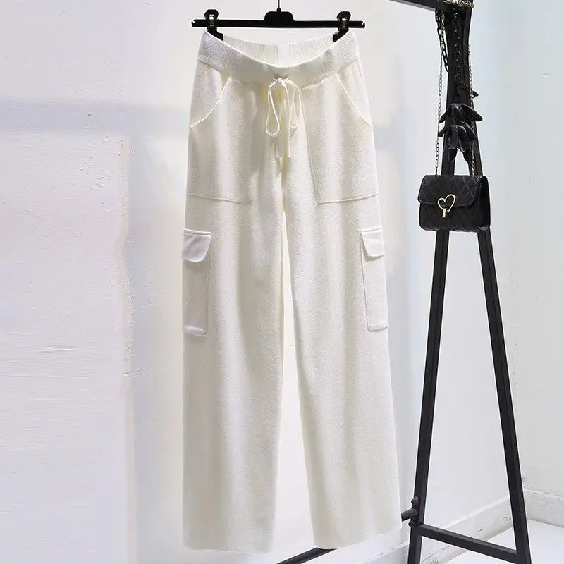 กางเกงไหมพรมผู้หญิงเอวสูงทรงขากระบอกตรงสไตล์เกาหลีสำหรับฤดูใบไม้ร่วงและฤดูหนาว ทรงเข้ารูปและหลวมสบาย