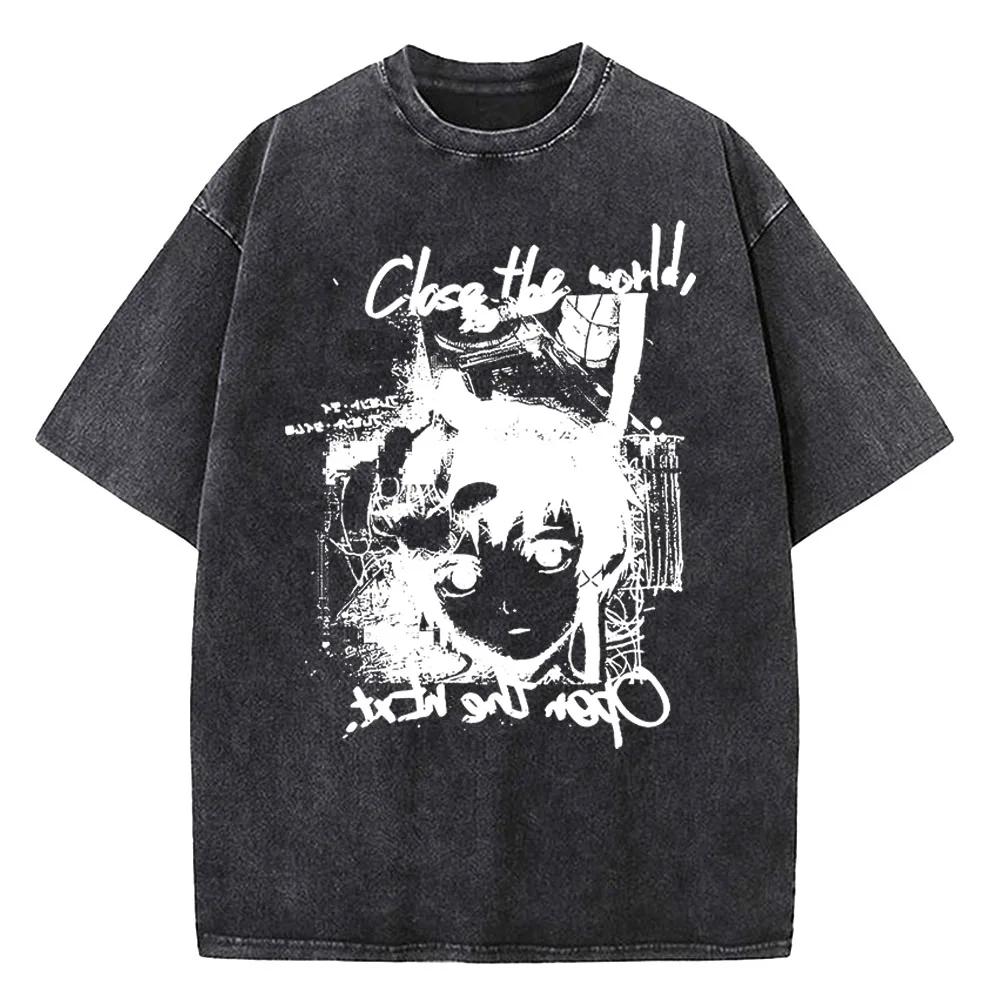 japanese anime Serial Experiments Lain Vintage Washed T Shirt Men High Quality Cotton Manga Short Sleeve Fashion T Shirt Women