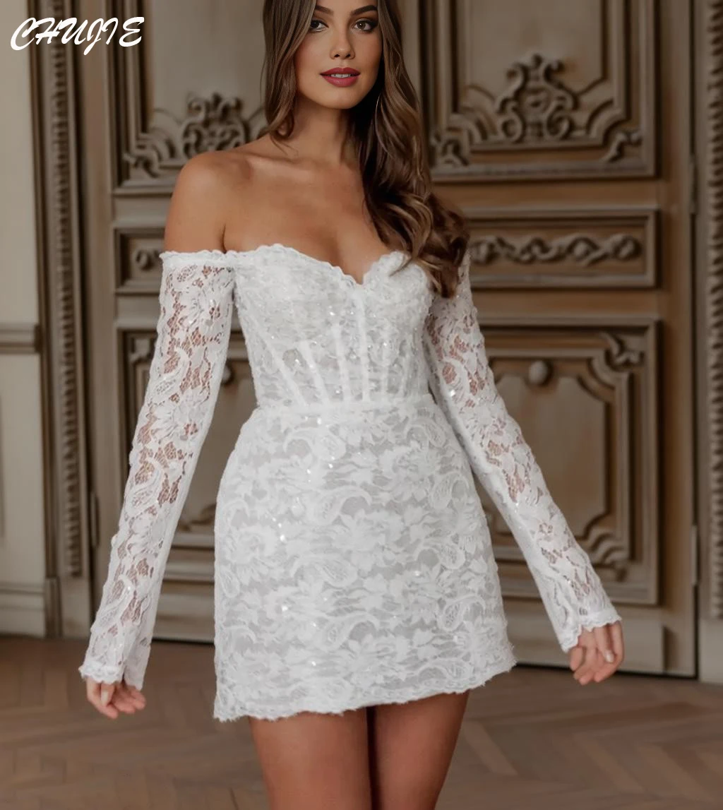 

Off The Shoulder Full Long Sleeves Lace Applique Short Mini Wedding Dresses Customized Formal Sexy Bridal Grown 2025 Vestido De