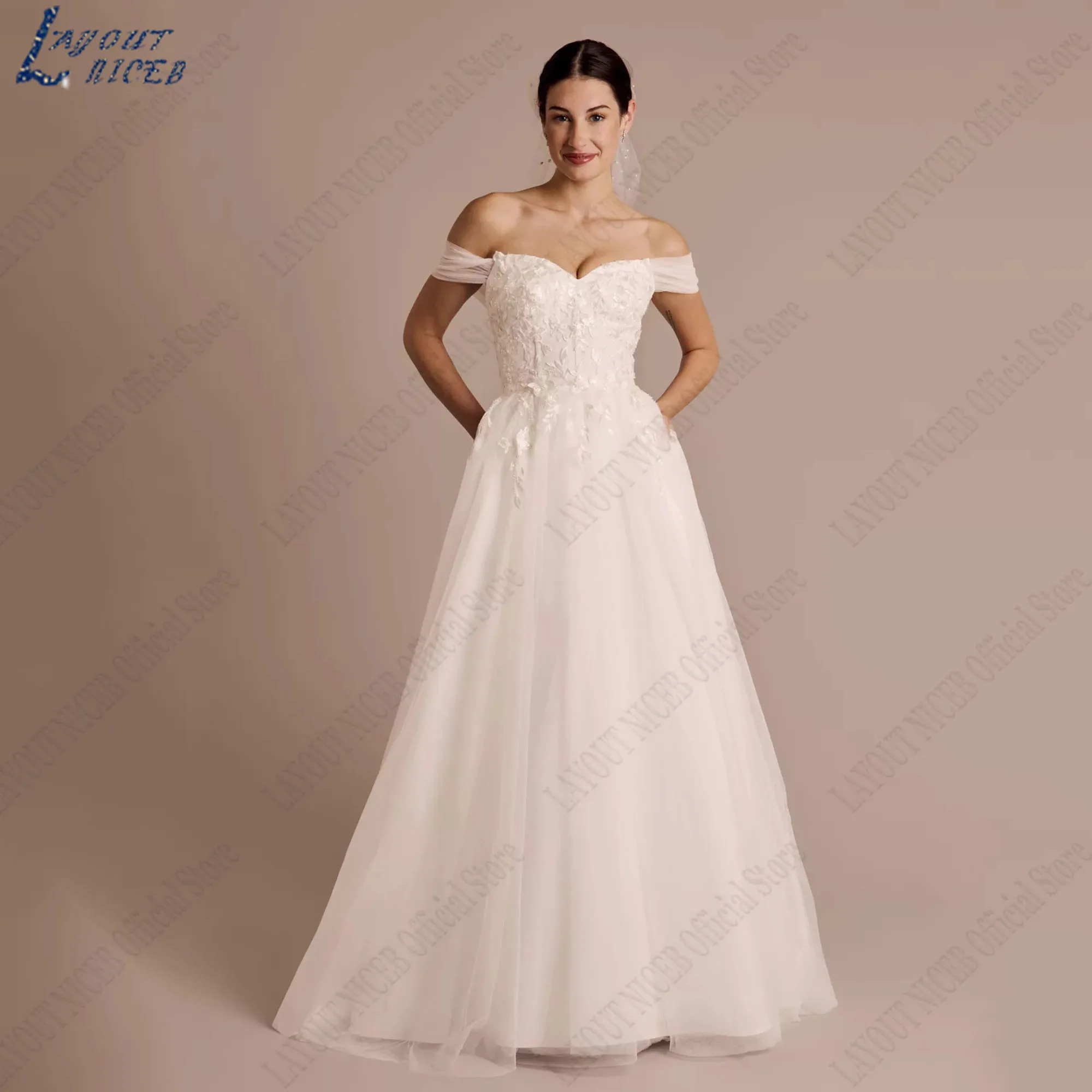 

LAYOUT NICEB Off Shoulder Wedding Dresses Sweetheart A-Line Tulle Bride Gowns Backless Appliques vestidos para mujer Customized