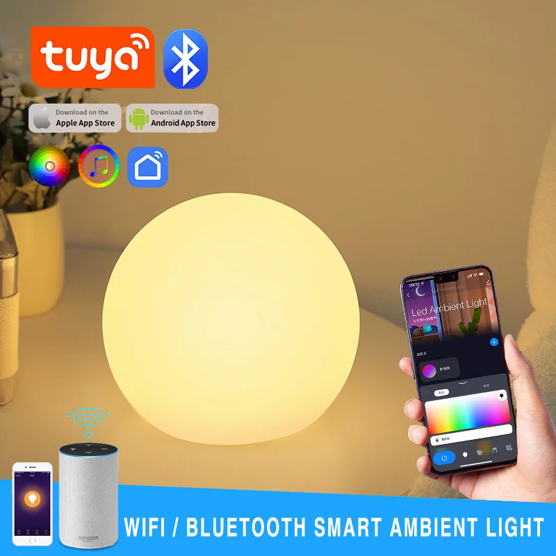 Smart Life RGB Ball Light, Wifi, Bluetooth, Tuya Andrea Control, Lampe de table à intensité variable, INS Hot, Chambre à coucher, Veilleuses, Dropshipping, D15, 20cm