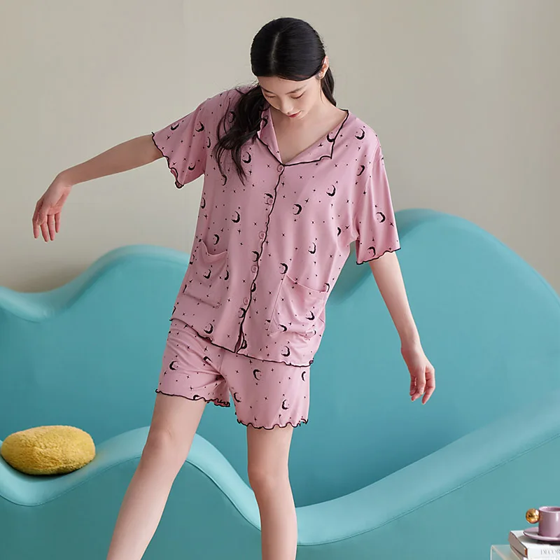 

Women Modal Nightwear Suit Summer Short Sleeve V-Neck Cardigan Tops + Short Pants Pajamas Casual Tracksuit Homewear Pijama Mujer