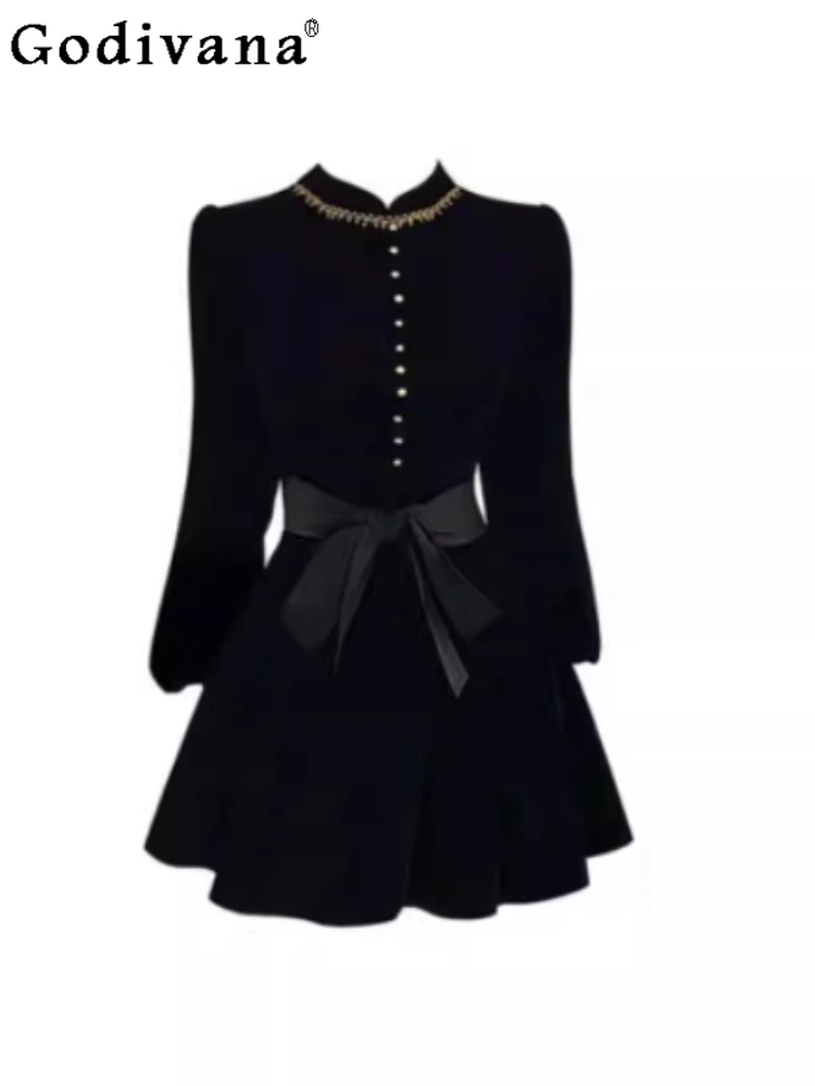 

Autumn Winter Retro Black Velvet Long Sleeve Girl Dresses Temperament High Waist Fashion Versatile Age-reducing Halloween Dress