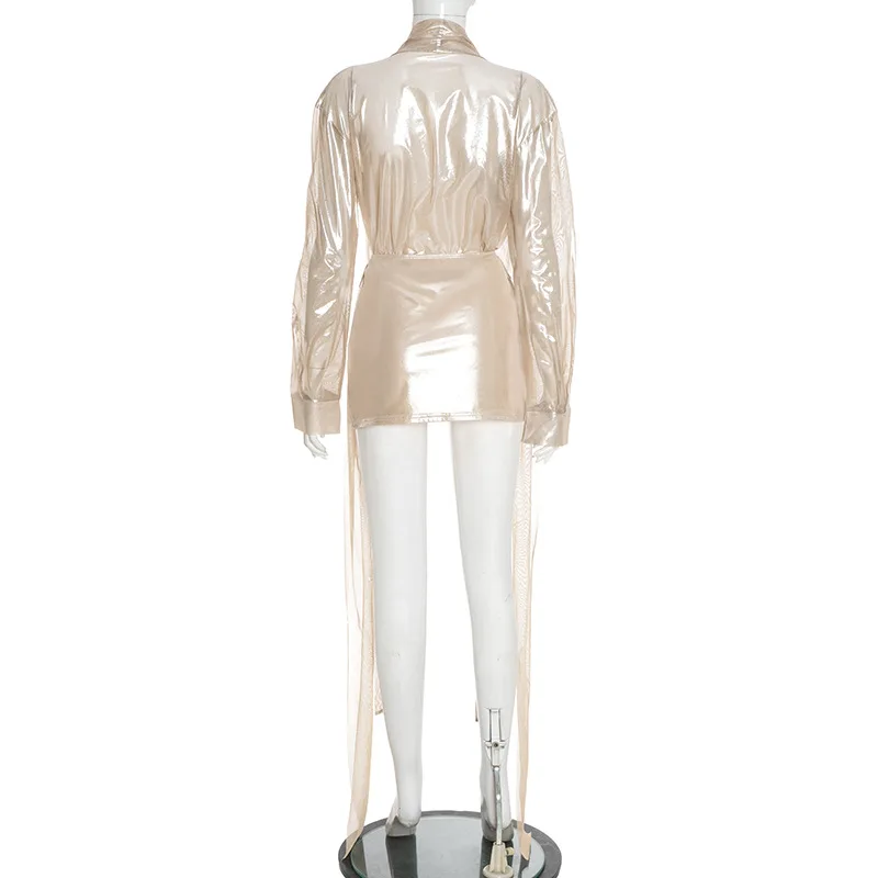 Gilding 2 Piece Set Ribbons Lace Up Deep V Neck Long Sleeve Shirts Top + Bodycon Mini Skirts Women Shiny Party Clubwear Suits