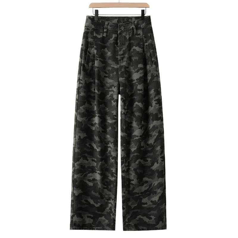 جينز مموه واسع الساق للنساء، مقاس صغير للخريف، تصميم تنحيف عالي الجودة، سروال مستقيم فضفاض