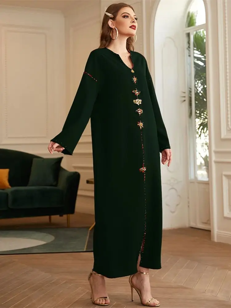 Ramadan Dark Green Muslim Eid Abaya Dubai Turkey Islam Arabic Abayas For Women Kaftan Dress Kebaya Robe Femme Musulmane Kaftans