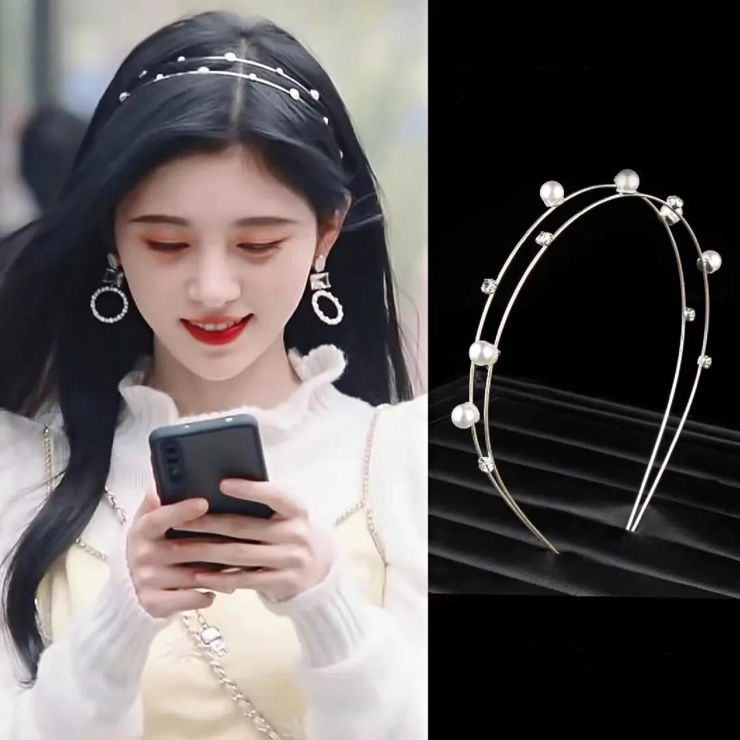 

New Fashion Double Layered Design Elegant Pearl Hairband for Women Girls Korea Sweet Crystal Headband Hair Accessories