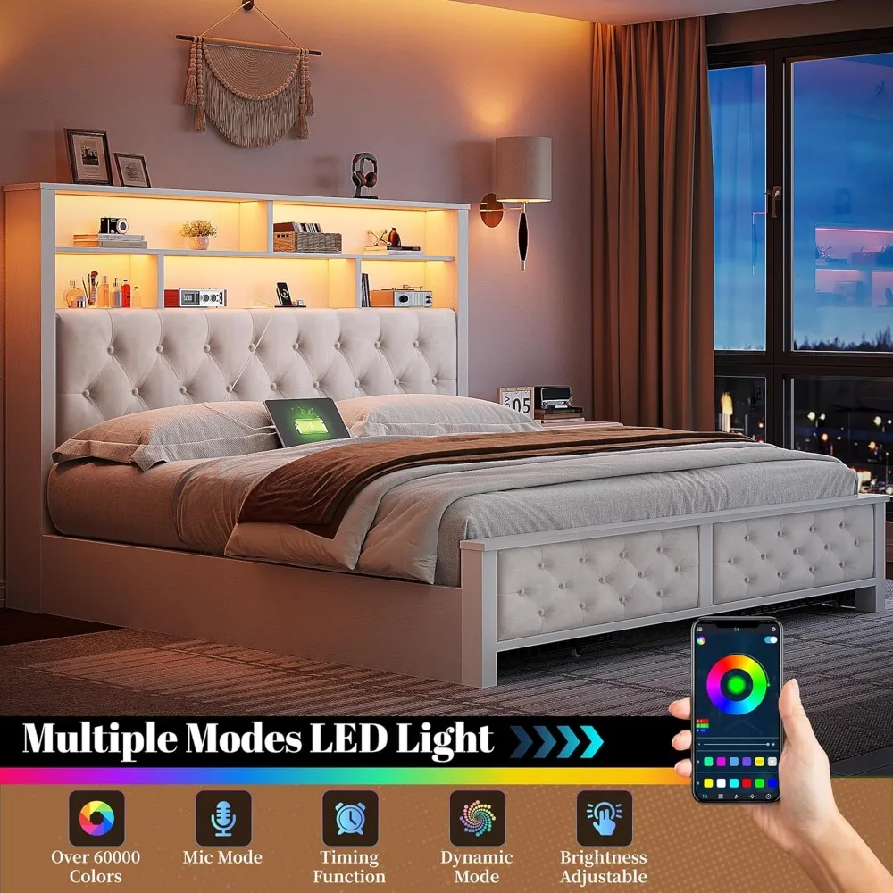 إطار سرير خشبي بحجم كوين مع مساحة تخزين، ومحطة شحن، وأضواء LED، ولوح رأسي منجد