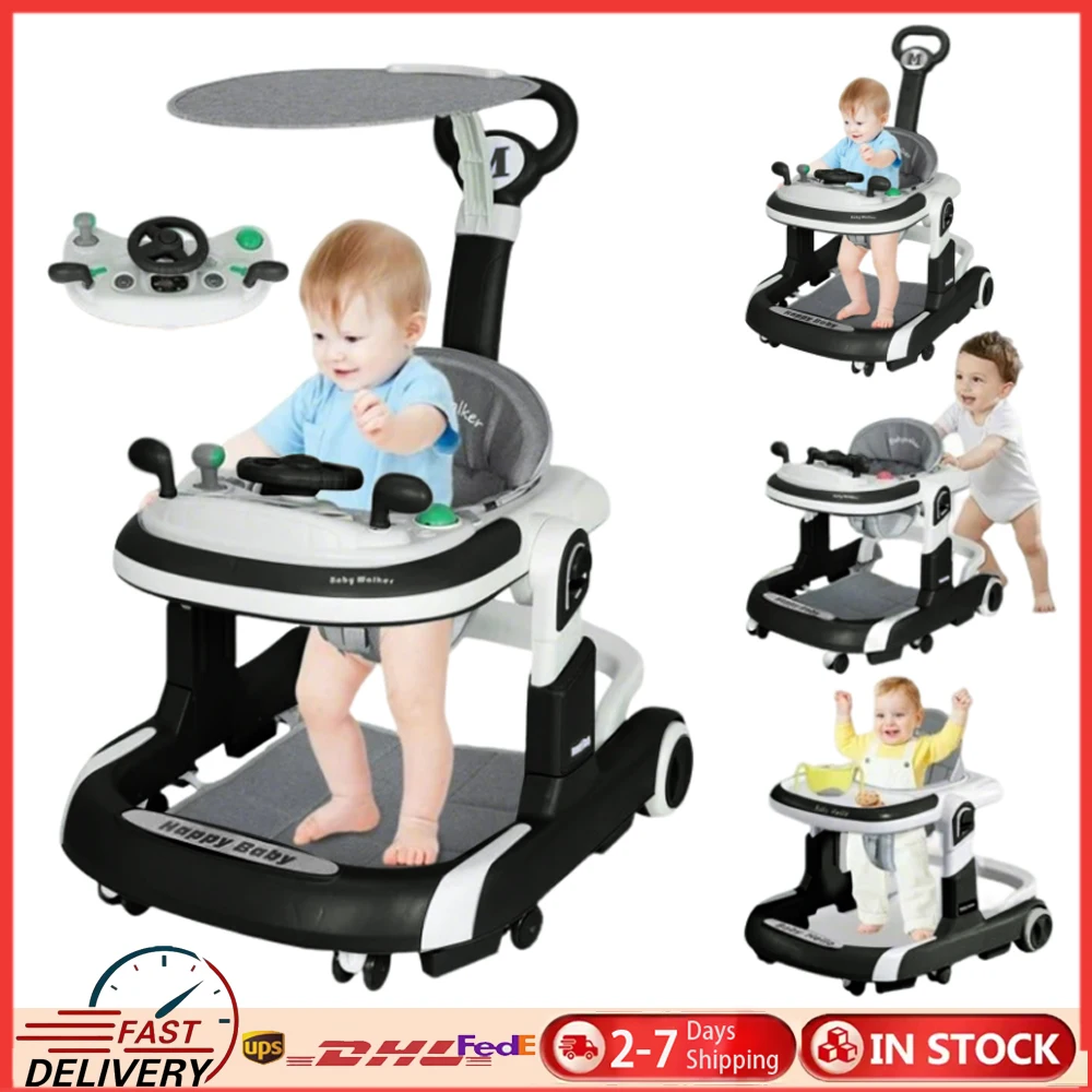4 in 1 Baby Walker Toddler Baby Push Walker with Sunshade, Removable Feeding Tray and Music Tray Foldable Walker