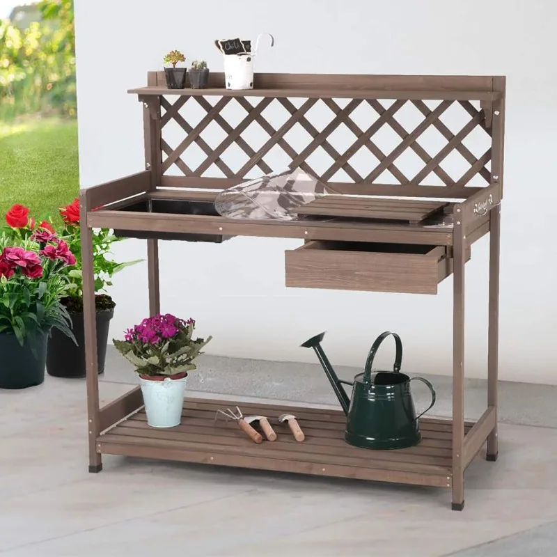 Aivituvin Potting Bench with PVC Layer, Outdoor Gardening Work Bench with Sink & Lid, Wooden Planting Table for Outside with