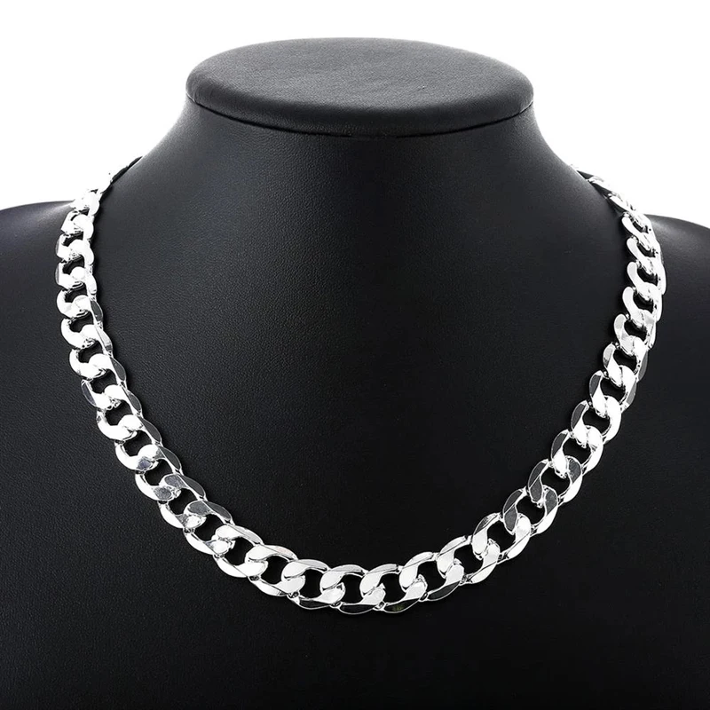 Oferta specjalna Naszyjnik ze srebra próby 925 dla mężczyzn klasyczny łańcuszek 12 MM 18-30 cali biżuteria marki modowej prezent ślubny na imprezę