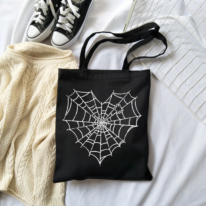 New Spider Web Cartoon Print Bag Harajuku Japanese Anime Shoulder Bags Ulzzang Black Vintage Canvas Bag Kawaii Chic Shopper Bag