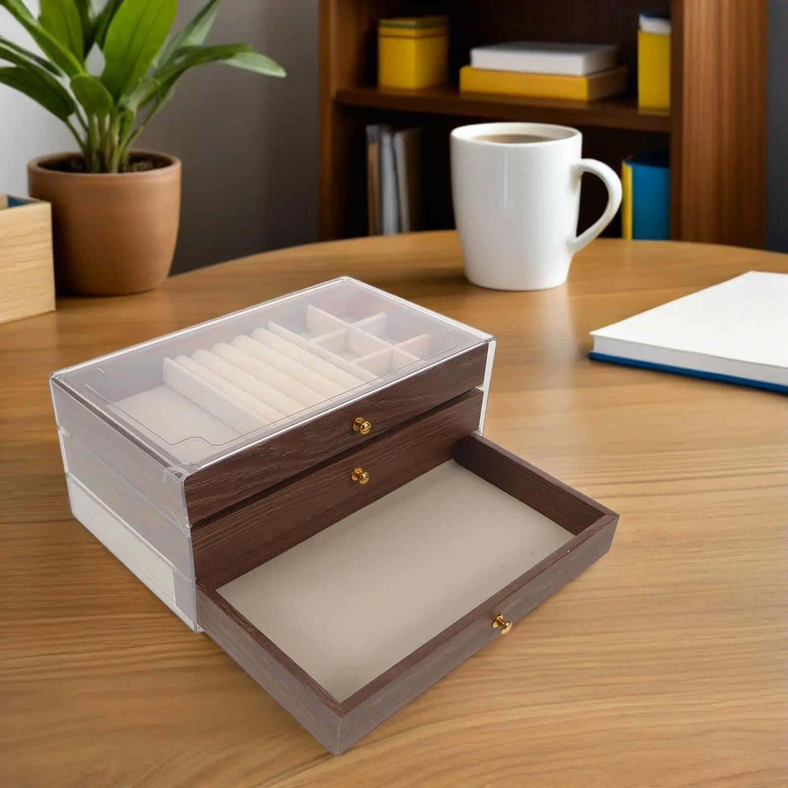 

Vintage Wood Jewelry Box 3 Layer Necklace Organizer Tabletop Jewelry Storage Case Rings Earrings Bracelets Trinket Drawer